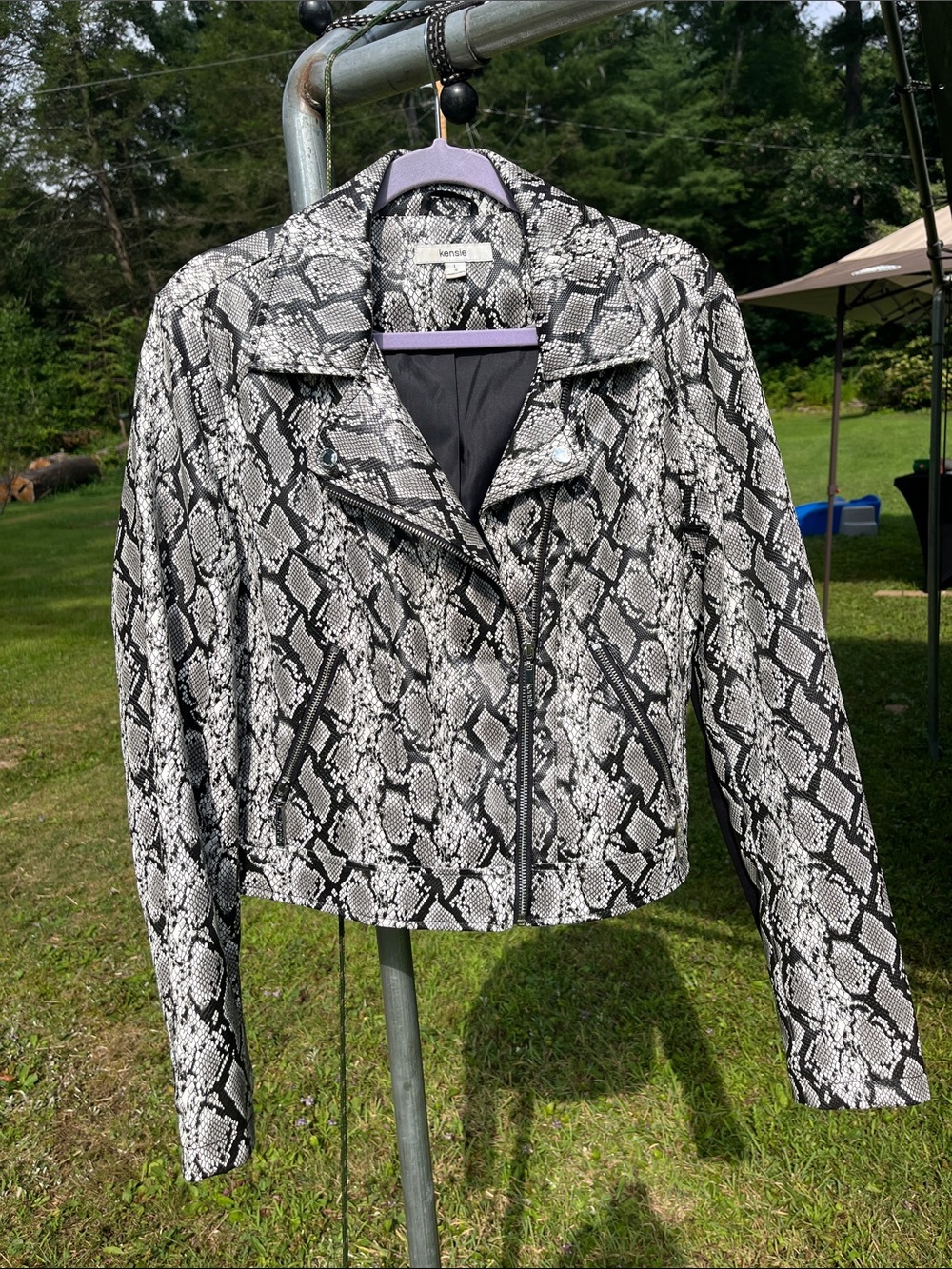 Kensie Black & White Snake-Print Moto Jacket